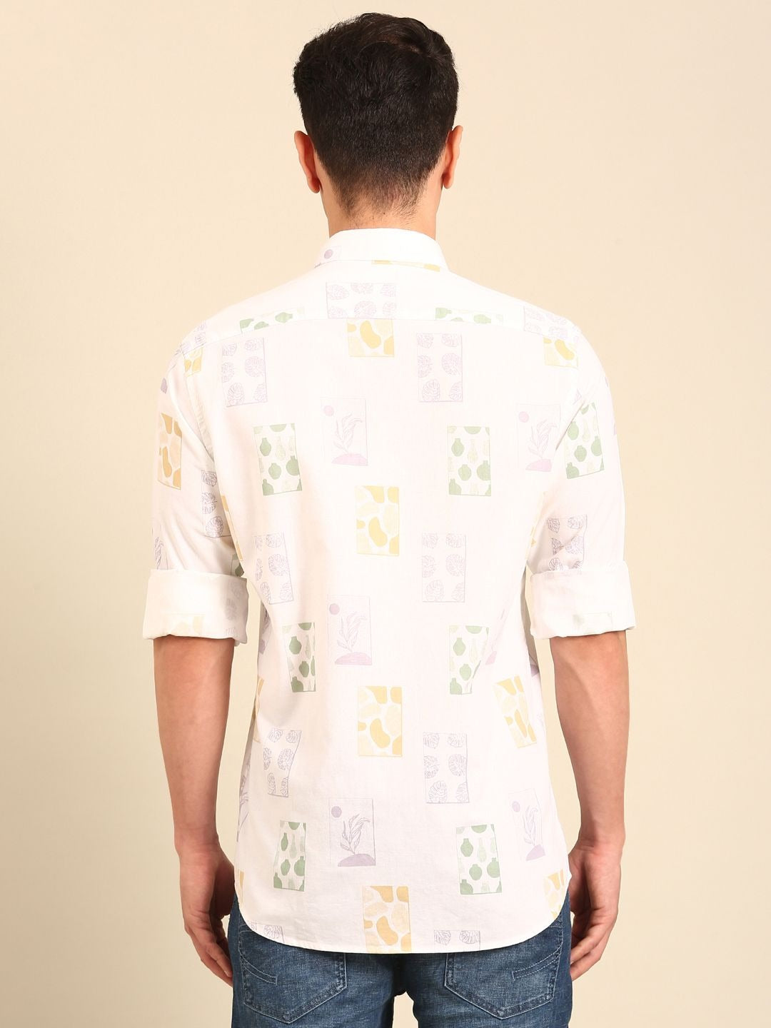 Lonoxy™ Men's White Abstract Printed Casual Shirt | Premium Full Sleeve Regular Fit Cotton Blend Shirt