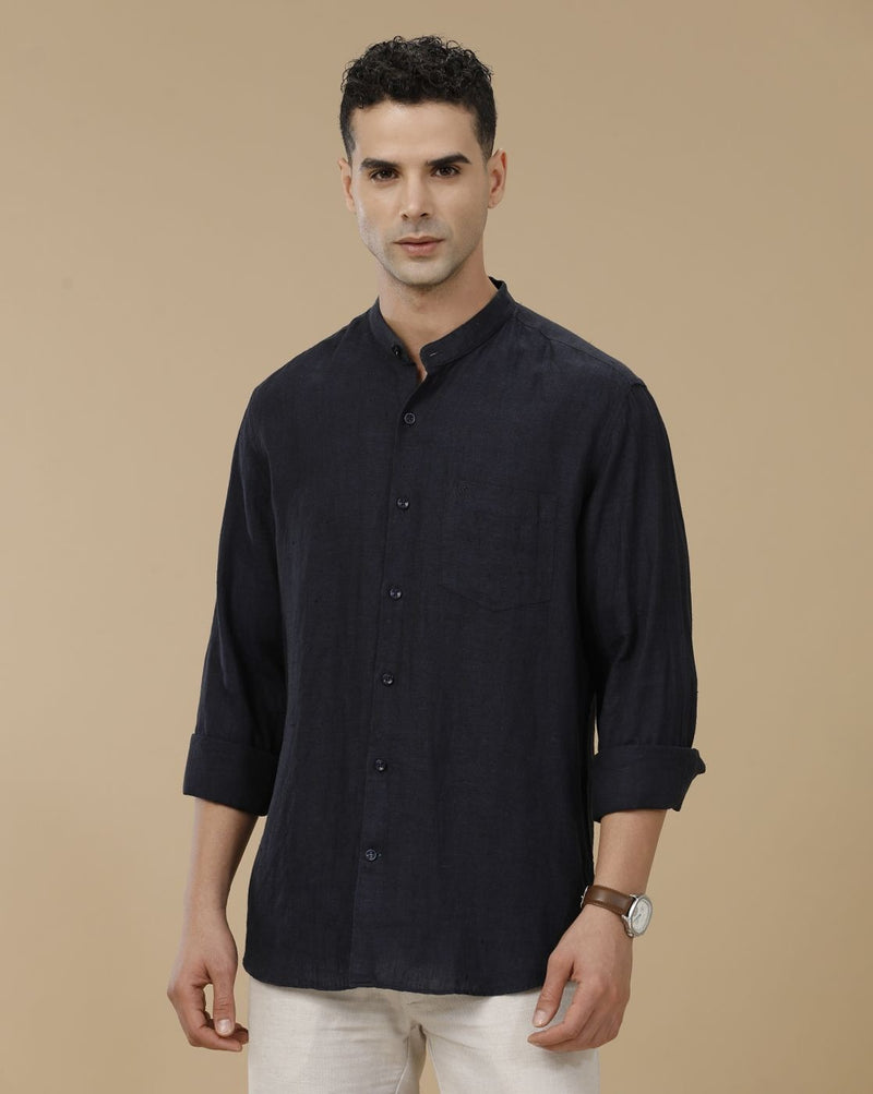 Lonoxy™ Men's Navy Blue Mandarin Collar Casual Shirt | Premium Solid Full Sleeve Linen Blend Regular Fit Shirt