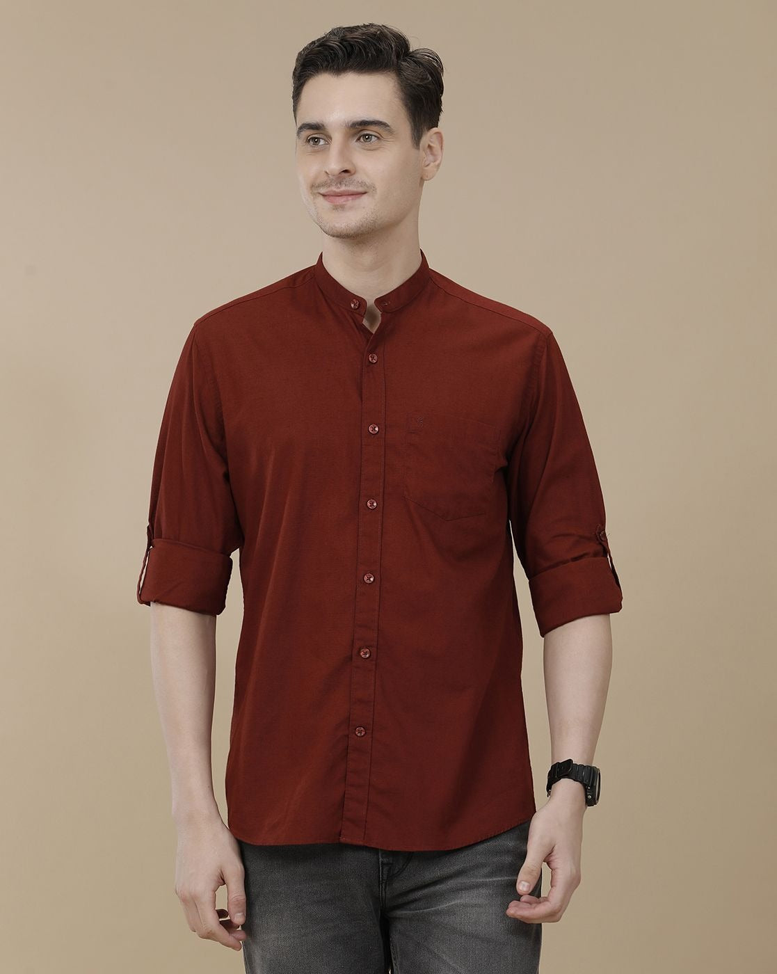 Lonoxy™ Men's Maroon Mandarin Collar Casual Shirt | Premium Solid Full Sleeve Cotton Blend Shirt