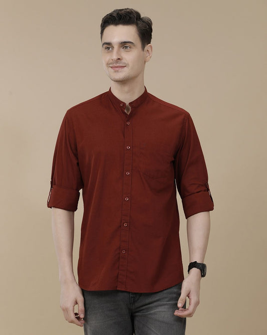 Lonoxy™ Men's Maroon Mandarin Collar Casual Shirt | Premium Solid Full Sleeve Cotton Blend Shirt