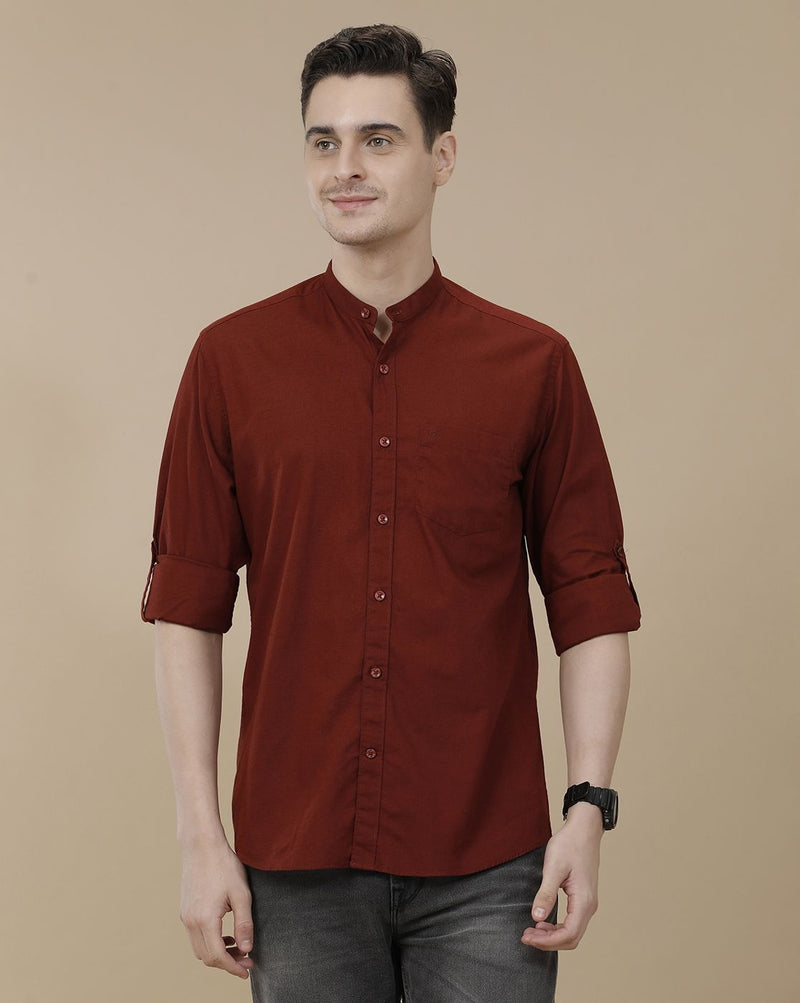 Lonoxy™ Men's Maroon Mandarin Collar Casual Shirt | Premium Solid Full Sleeve Cotton Blend Shirt