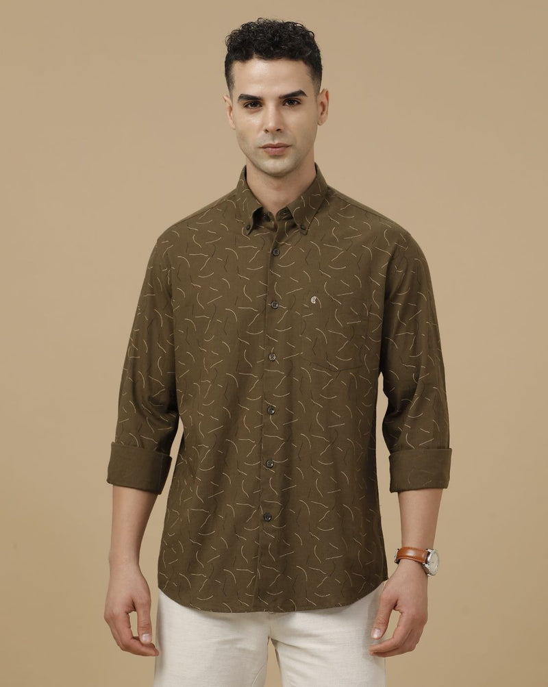 Lonoxy™ Men's Olive Green Printed Casual Shirt | Premium Full Sleeve Regular Fit Cotton Blend Shirt