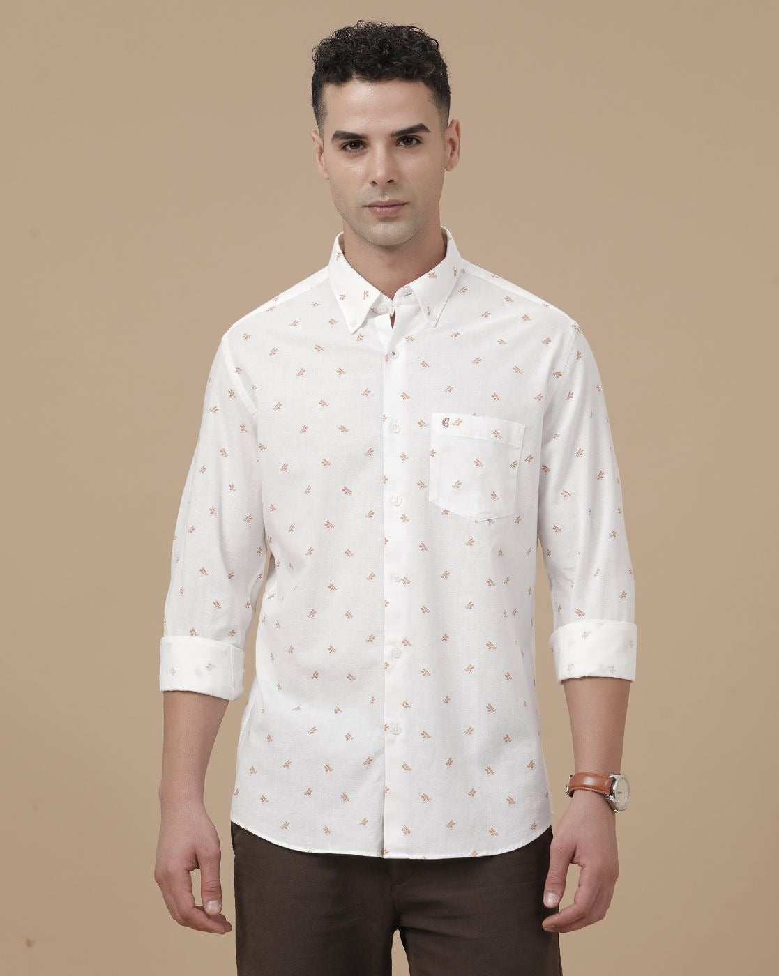 Lonoxy™ Men's White Printed Casual Shirt | Premium Full Sleeve Regular Fit Cotton Blend Shirt