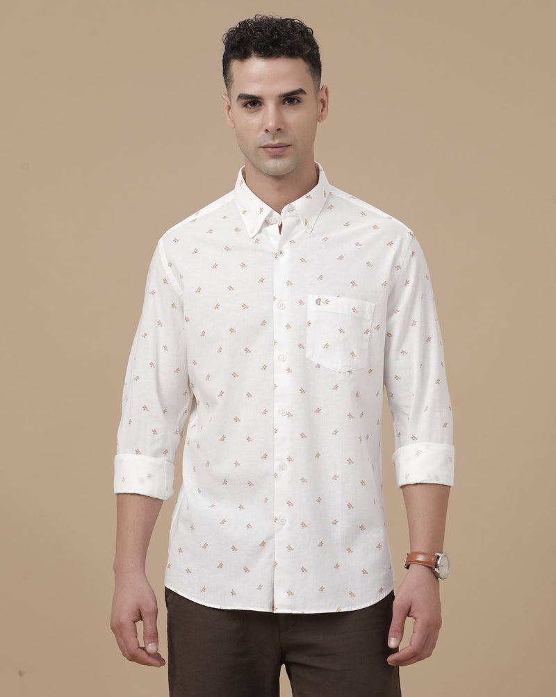 Lonoxy™ Men's White Printed Casual Shirt | Premium Full Sleeve Regular Fit Cotton Blend Shirt