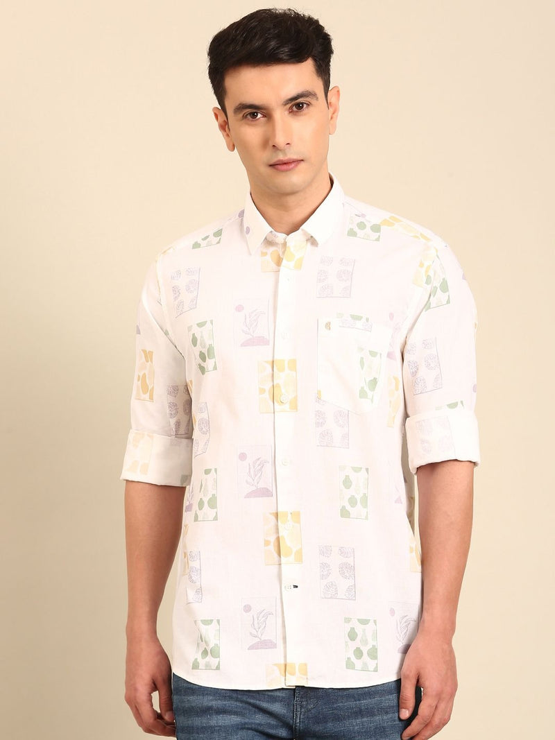Lonoxy™ Men's White Abstract Printed Casual Shirt | Premium Full Sleeve Regular Fit Cotton Blend Shirt