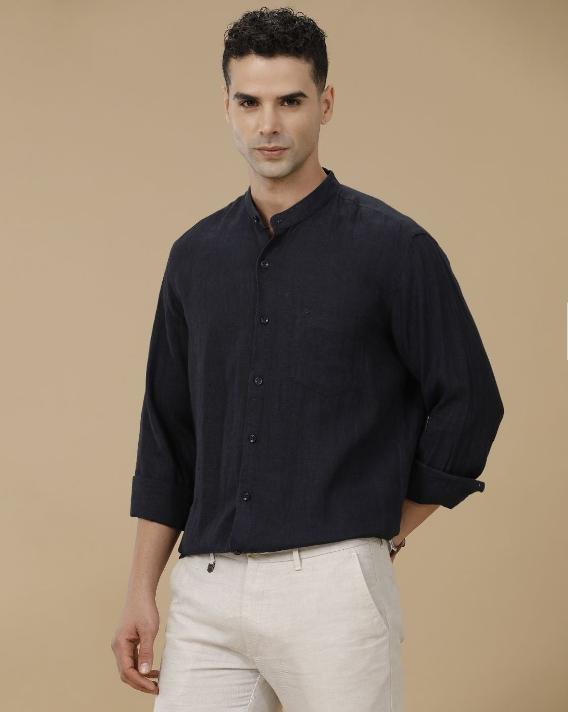 Lonoxy™ Men's Navy Blue Mandarin Collar Casual Shirt | Premium Solid Full Sleeve Linen Blend Regular Fit Shirt