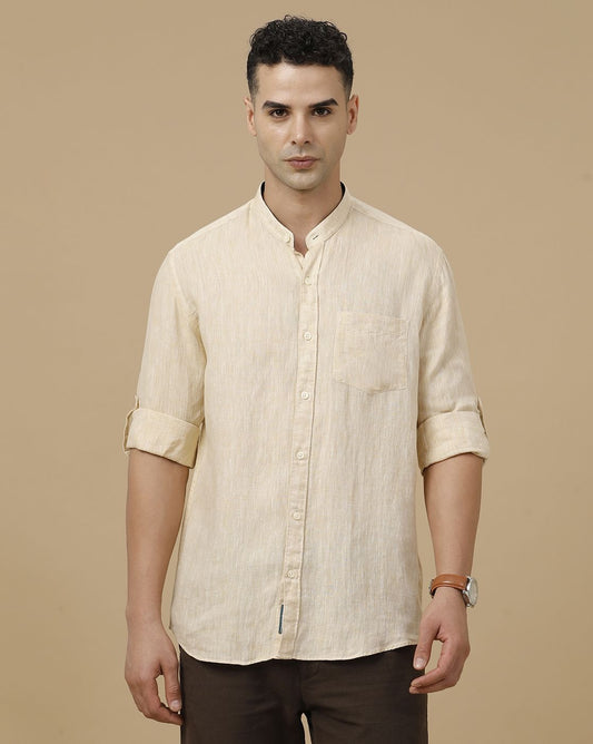 Lonoxy™ Men's Beige Mandarin Collar Casual Shirt | Premium Solid Full Sleeve Linen Blend Regular Fit Shirt