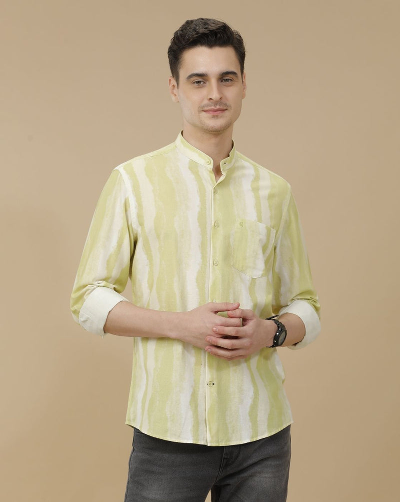 Lonoxy™ Men's Pistachio Green Tie-Dye Mandarin Collar Casual Shirt | Premium Printed Full Sleeve Cotton Blend Regular Fit Shirt