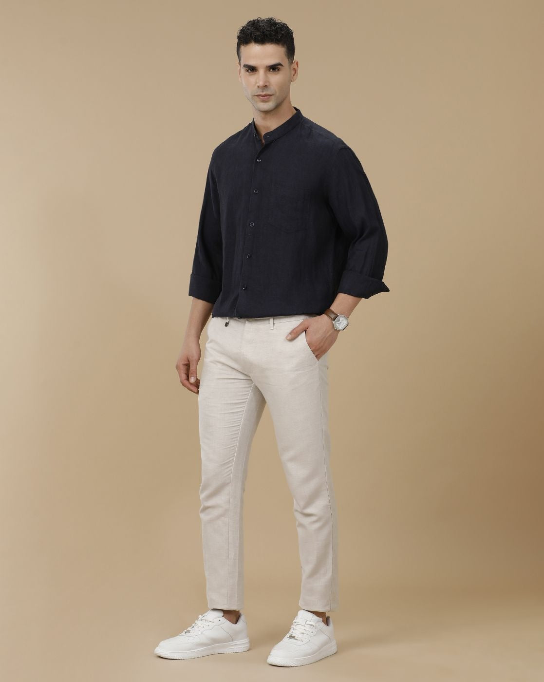 Lonoxy™ Men's Navy Blue Mandarin Collar Casual Shirt | Premium Solid Full Sleeve Linen Blend Regular Fit Shirt