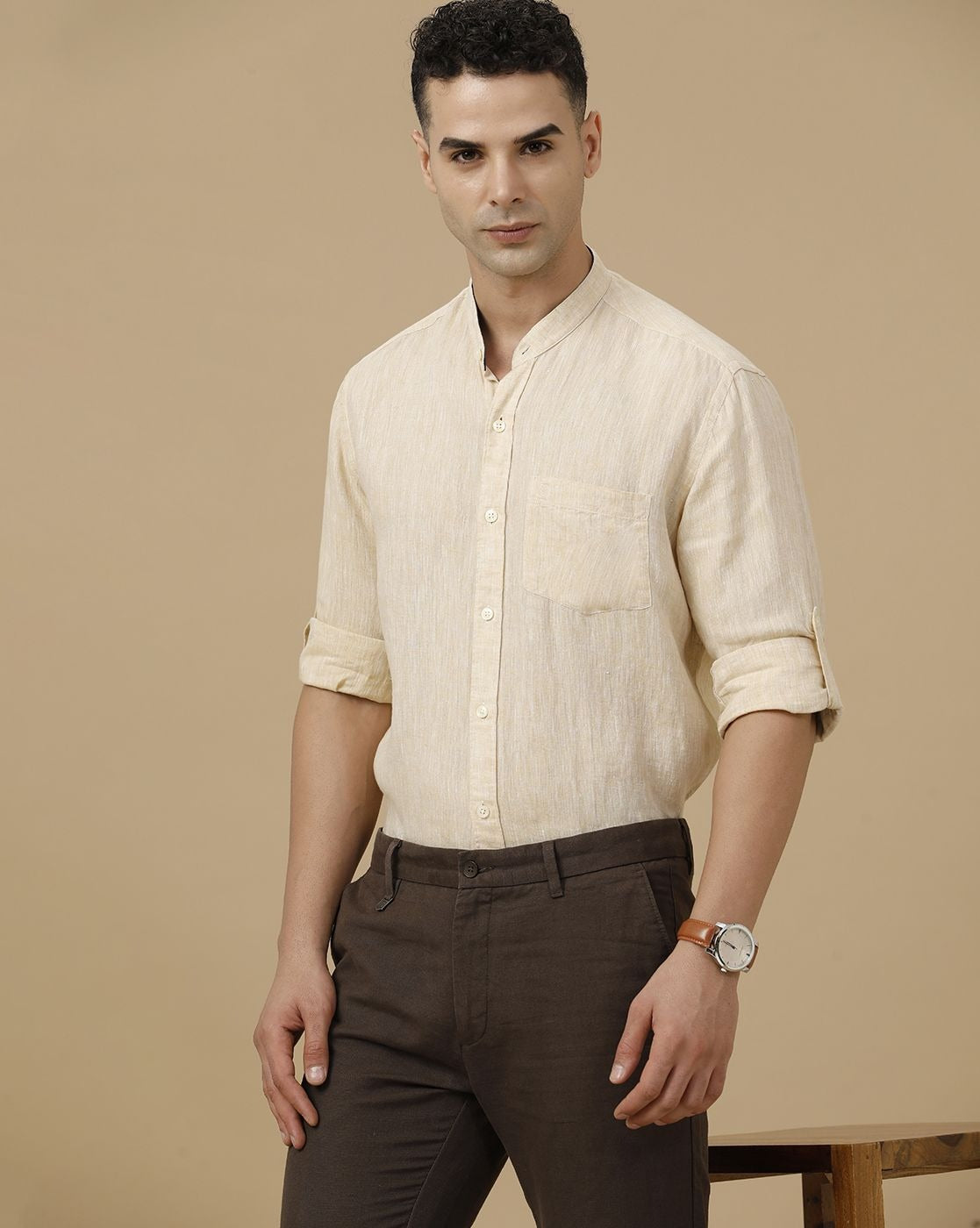 Lonoxy™ Men's Beige Mandarin Collar Casual Shirt | Premium Solid Full Sleeve Linen Blend Regular Fit Shirt