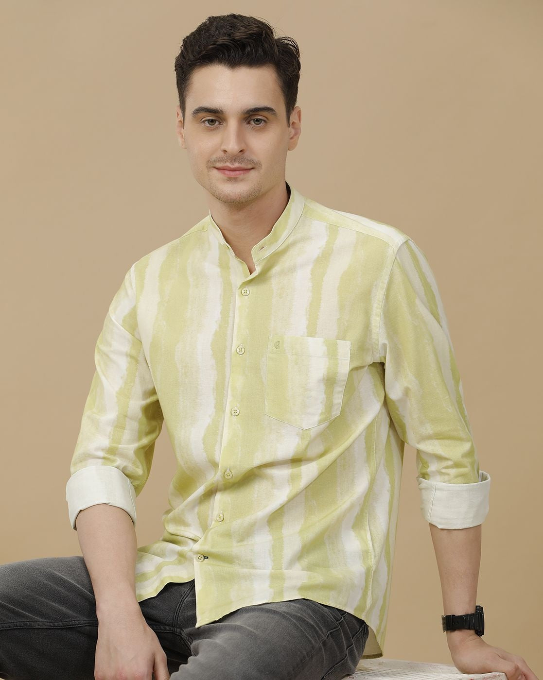 Lonoxy™ Men's Pistachio Green Tie-Dye Mandarin Collar Casual Shirt | Premium Printed Full Sleeve Cotton Blend Regular Fit Shirt