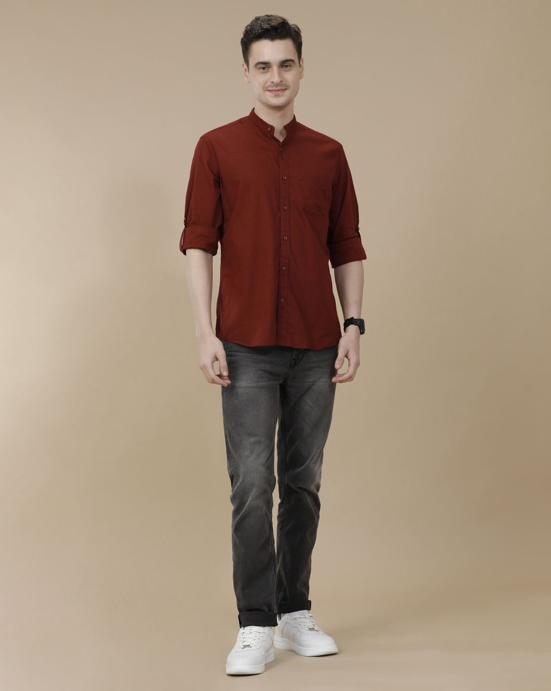 Lonoxy™ Men's Maroon Mandarin Collar Casual Shirt | Premium Solid Full Sleeve Cotton Blend Shirt