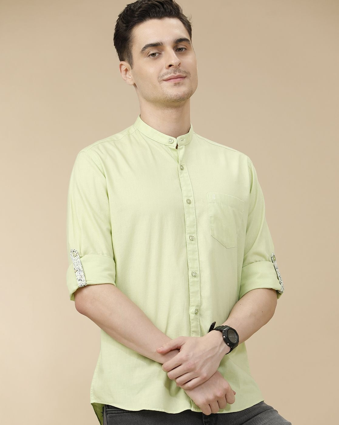 Lonoxy™ Men's Pistachio Green Mandarin Collar Casual Shirt | Premium Solid Full Sleeve Cotton Blend Shirt