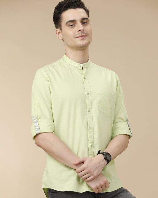 Lonoxy™ Men's Pistachio Green Mandarin Collar Casual Shirt | Premium Solid Full Sleeve Cotton Blend Shirt