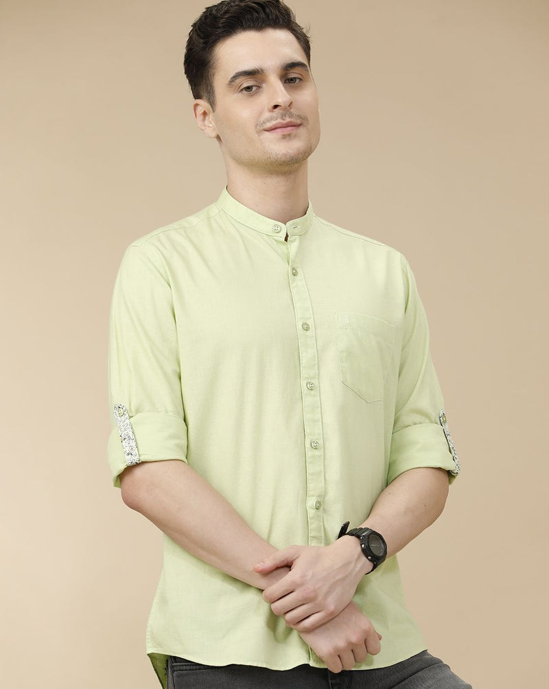 Lonoxy™ Men's Pistachio Green Mandarin Collar Casual Shirt | Premium Solid Full Sleeve Cotton Blend Shirt