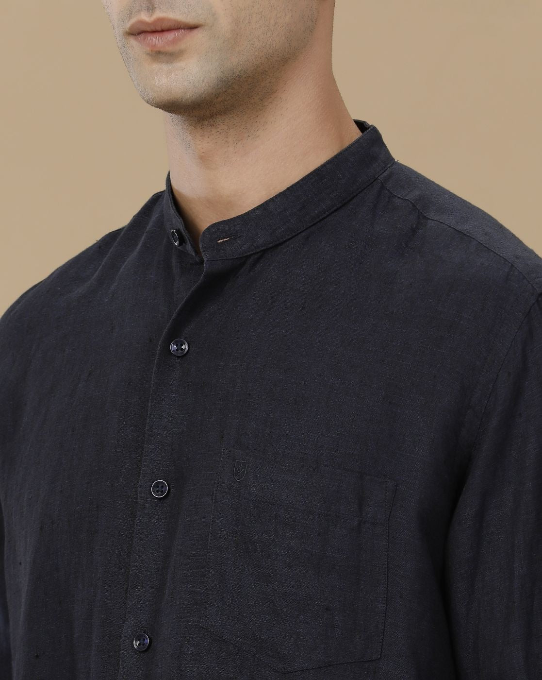 Lonoxy™ Men's Navy Blue Mandarin Collar Casual Shirt | Premium Solid Full Sleeve Linen Blend Regular Fit Shirt