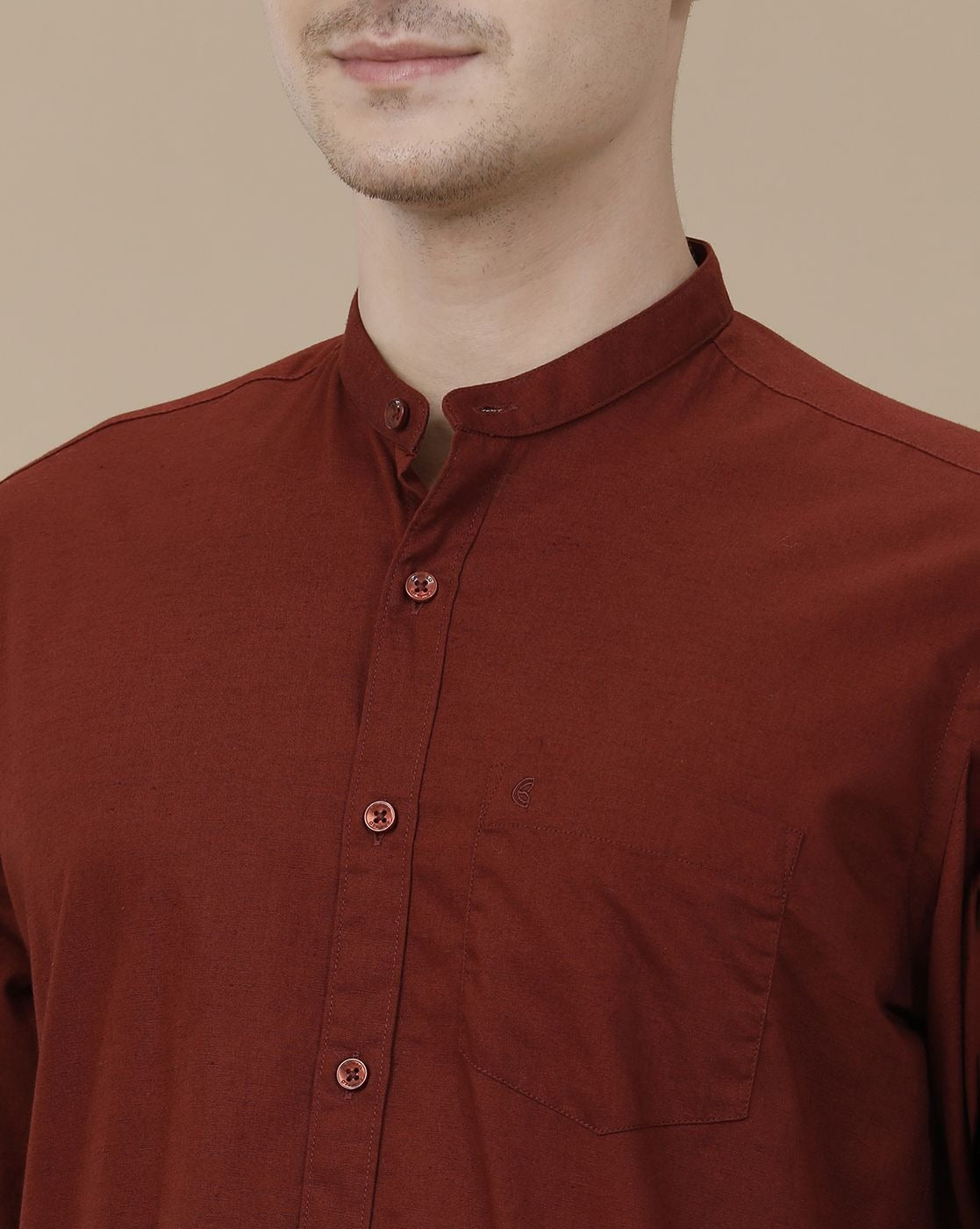 Lonoxy™ Men's Maroon Mandarin Collar Casual Shirt | Premium Solid Full Sleeve Cotton Blend Shirt