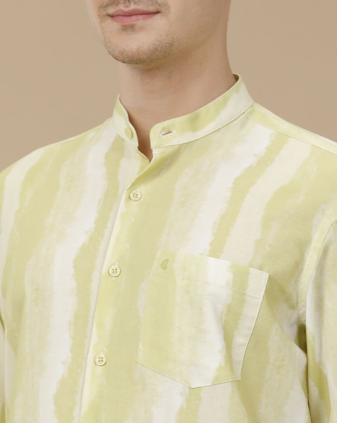 Lonoxy™ Men's Pistachio Green Tie-Dye Mandarin Collar Casual Shirt | Premium Printed Full Sleeve Cotton Blend Regular Fit Shirt