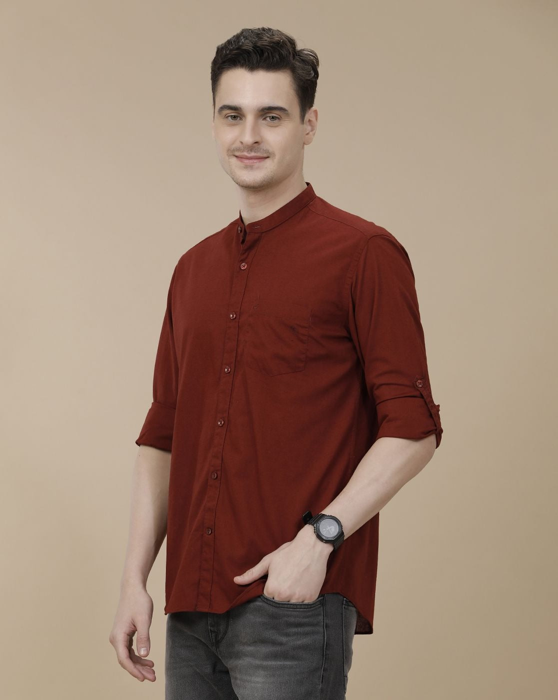 Lonoxy™ Men's Maroon Mandarin Collar Casual Shirt | Premium Solid Full Sleeve Cotton Blend Shirt