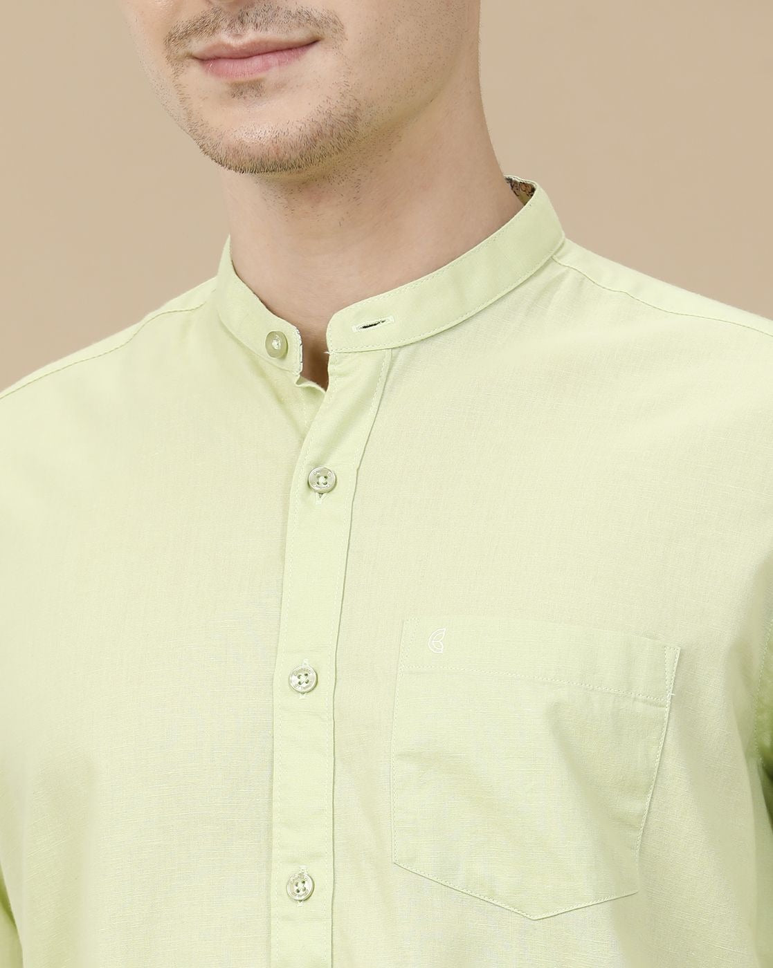 Lonoxy™ Men's Pistachio Green Mandarin Collar Casual Shirt | Premium Solid Full Sleeve Cotton Blend Shirt