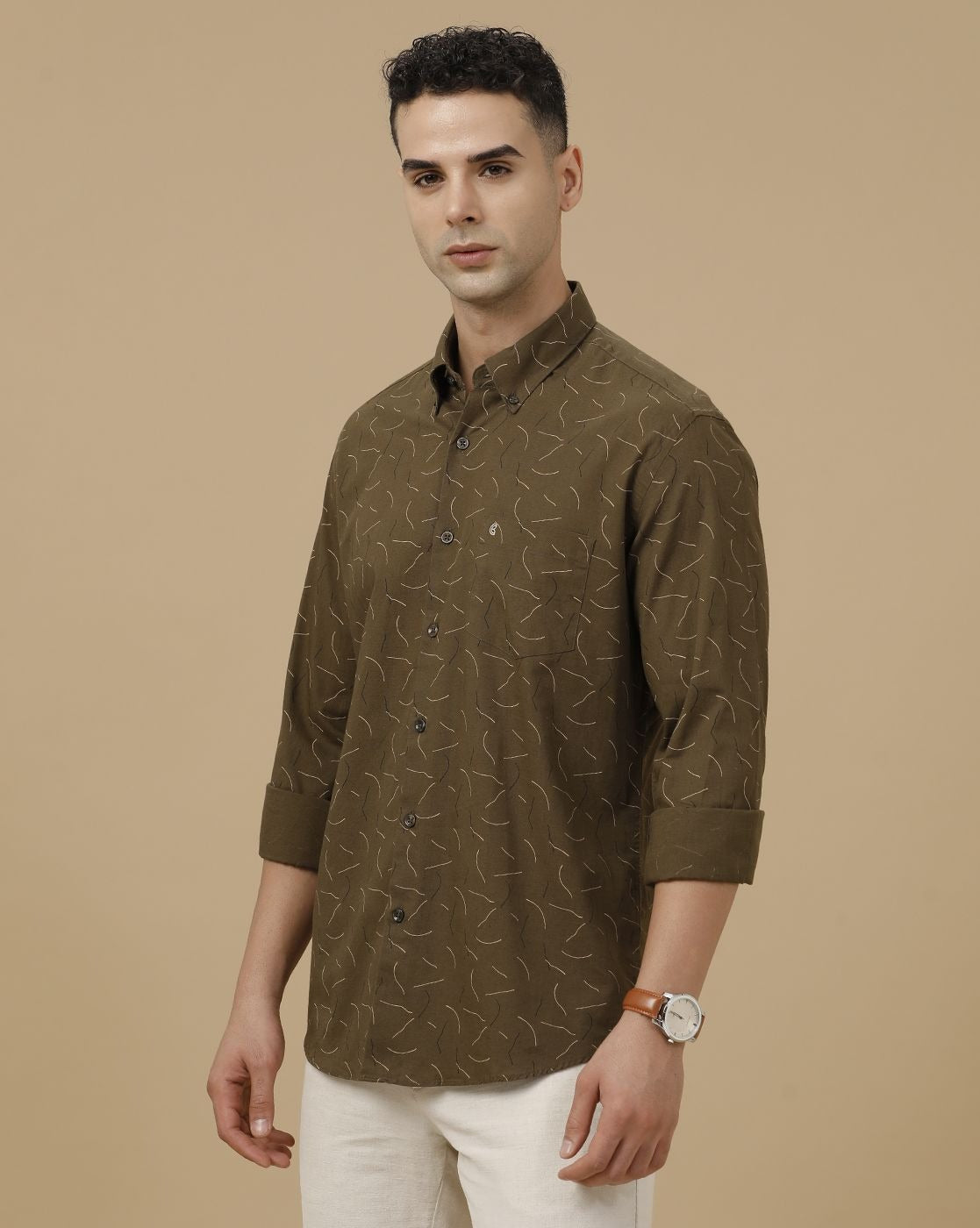 Lonoxy™ Men's Olive Green Printed Casual Shirt | Premium Full Sleeve Regular Fit Cotton Blend Shirt
