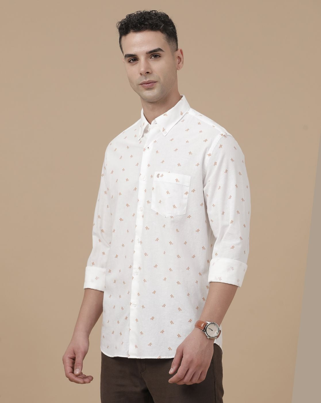 Lonoxy™ Men's White Printed Casual Shirt | Premium Full Sleeve Regular Fit Cotton Blend Shirt