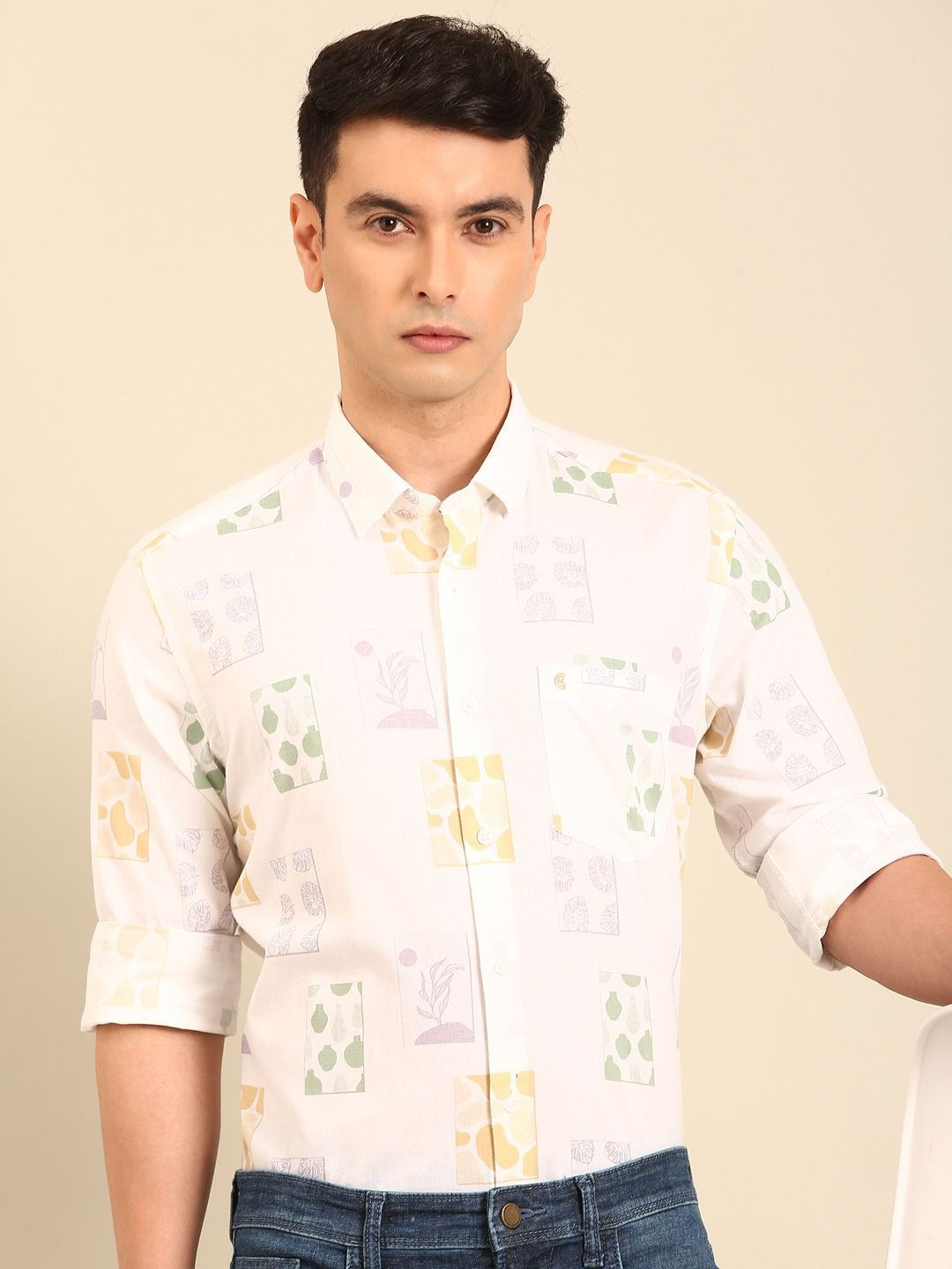 Lonoxy™ Men's White Abstract Printed Casual Shirt | Premium Full Sleeve Regular Fit Cotton Blend Shirt