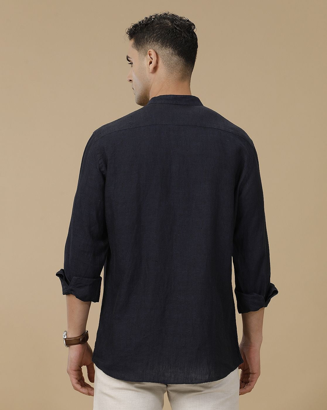 Lonoxy™ Men's Navy Blue Mandarin Collar Casual Shirt | Premium Solid Full Sleeve Linen Blend Regular Fit Shirt
