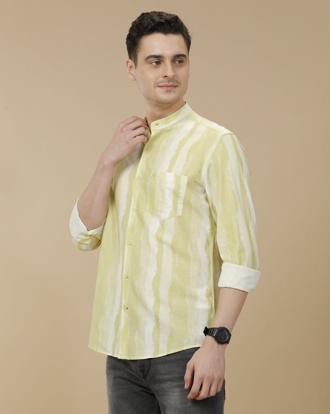Lonoxy™ Men's Pistachio Green Tie-Dye Mandarin Collar Casual Shirt | Premium Printed Full Sleeve Cotton Blend Regular Fit Shirt