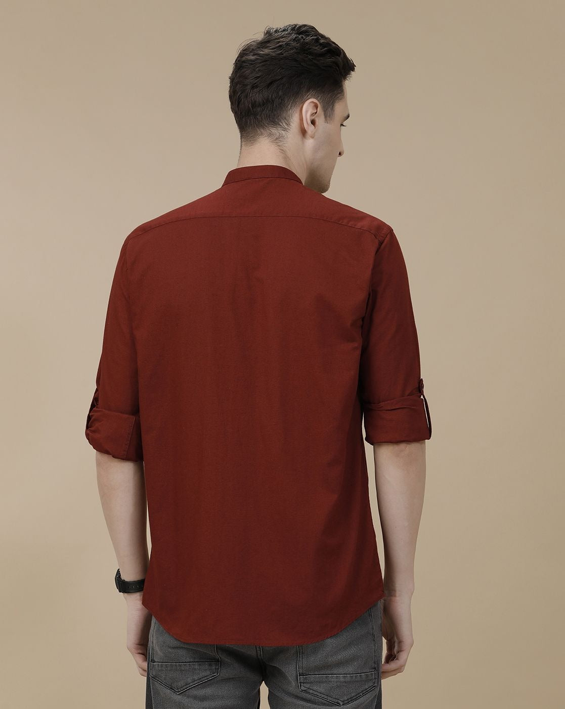 Lonoxy™ Men's Maroon Mandarin Collar Casual Shirt | Premium Solid Full Sleeve Cotton Blend Shirt