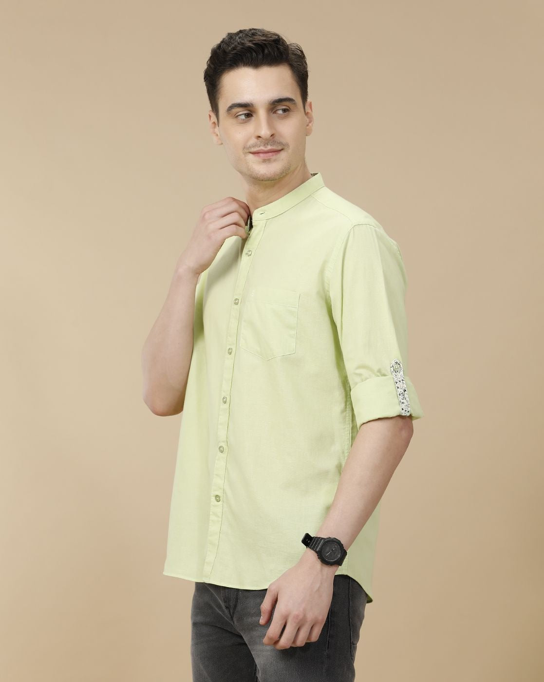 Lonoxy™ Men's Pistachio Green Mandarin Collar Casual Shirt | Premium Solid Full Sleeve Cotton Blend Shirt