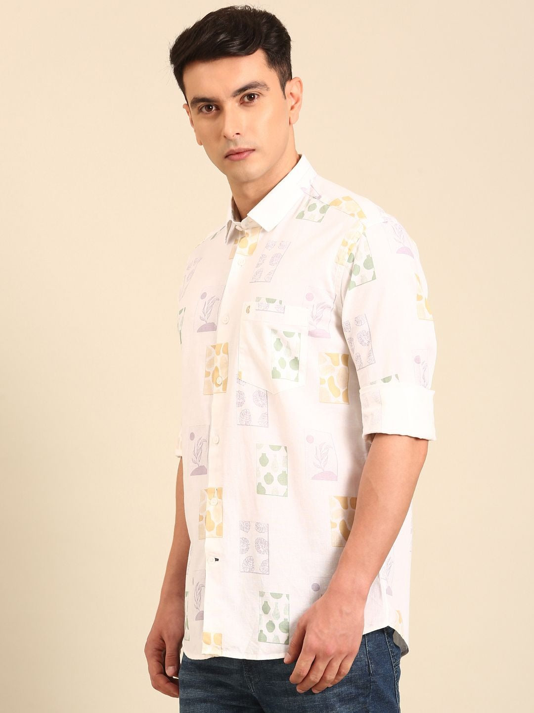 Lonoxy™ Men's White Abstract Printed Casual Shirt | Premium Full Sleeve Regular Fit Cotton Blend Shirt