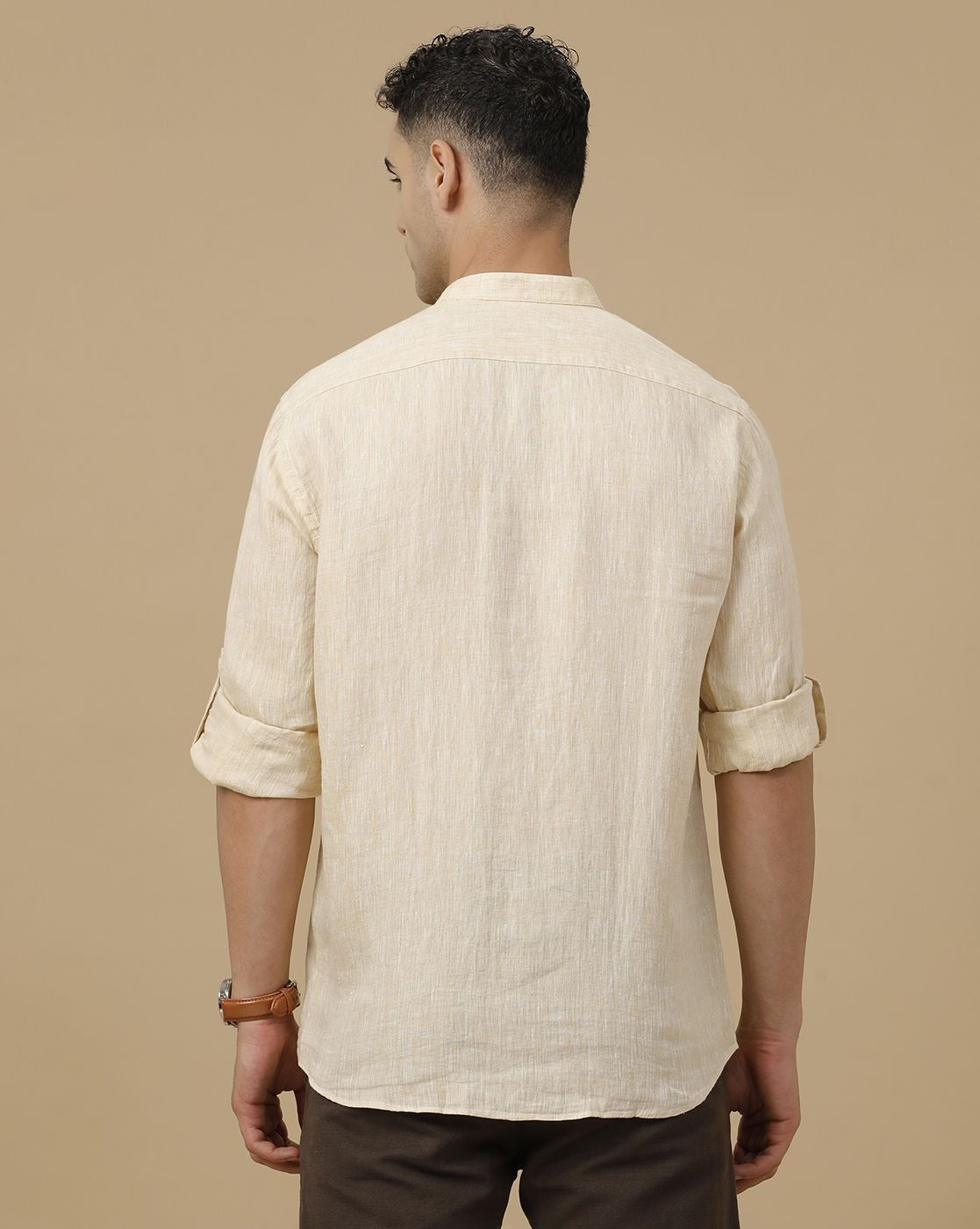 Lonoxy™ Men's Beige Mandarin Collar Casual Shirt | Premium Solid Full Sleeve Linen Blend Regular Fit Shirt