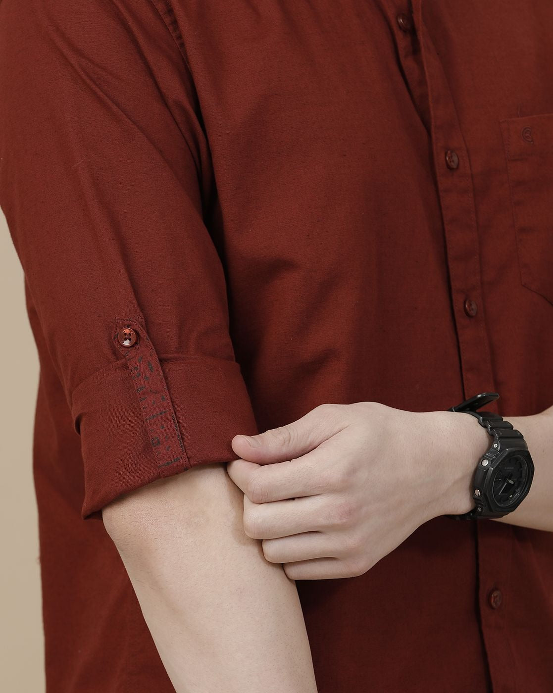 Lonoxy™ Men's Maroon Mandarin Collar Casual Shirt | Premium Solid Full Sleeve Cotton Blend Shirt