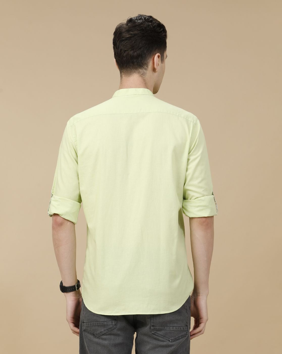 Lonoxy™ Men's Pistachio Green Mandarin Collar Casual Shirt | Premium Solid Full Sleeve Cotton Blend Shirt