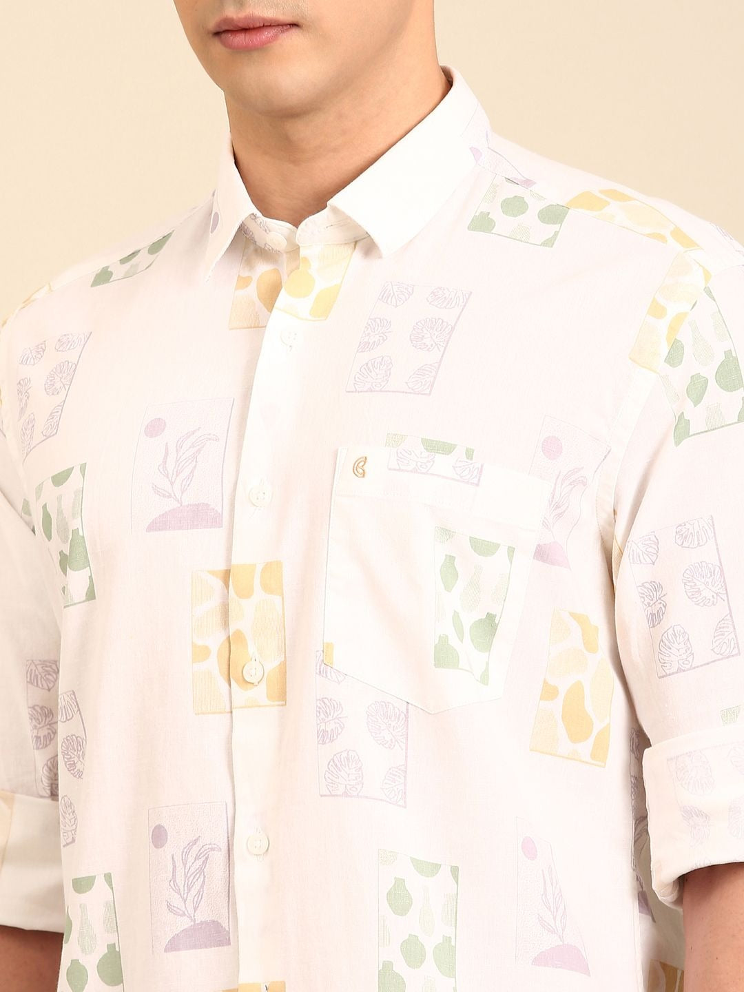 Lonoxy™ Men's White Abstract Printed Casual Shirt | Premium Full Sleeve Regular Fit Cotton Blend Shirt